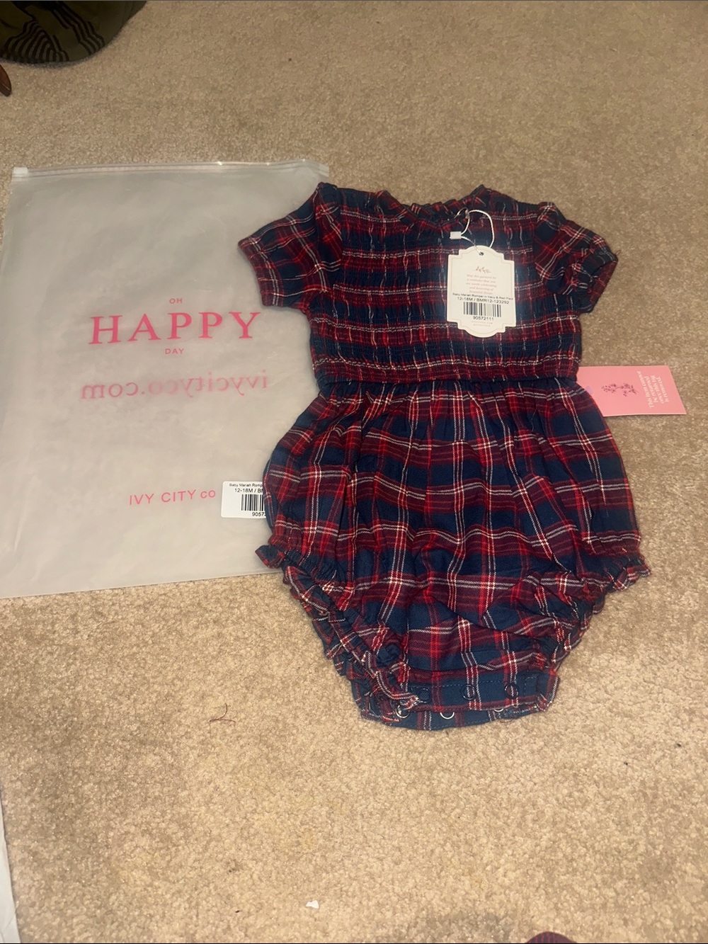 NWT Ivy City Co. Baby Mariah Navy & Red Plaid Romper